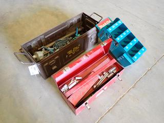Assorted Tool Boxes and Makita Display Unit, Contents Included: Fence Caps, Clamps, Hand Tools      (l-3-2)