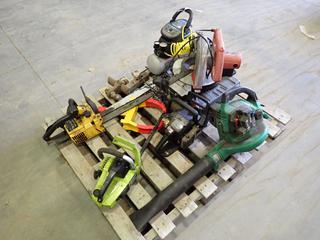 (3) Power/Chain Saws, Chain Bars, Weed Eater Blower, MasterCraft Tool Case, Trailer Hitch w/ 2 5/16 In. Ball, Delta 2 Gal., 100 PSI Compressor, Table Saw, *Works*, *Note: Running Condition Unknown*  (L-2-3)