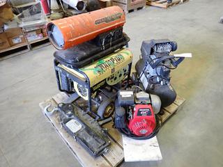 Heat Stream Portable Heater, Champion Generator, Honda GC 160 Pump, Pressure Washer Hose and Wand, Air compressor, Magna 3 Ton Wire Rope Puller, *Note: Running Condition Unknown*  (L-1-3)