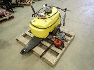 2015 John Deere Model LP1947916205 007 25 Gal. Pull Behind Sprayer w/ Shurflo Pump, Hose, Spray Wand, Pintle Hitch, c/w Pioneer Chain Saw, SN 2276080
