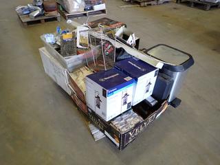 Assorted Home Items, Including: Westinghouse Solar Bug Zappers, Malibu Solar Post Light, Garbage Can, JFL Accessories Sawhorse Brackets, Solar Powered Lanterns, Wicker Floor Diffuser, Light Fixture and More