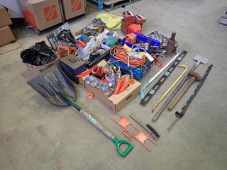 Assorted Parts, Hardware, Hand Tools and Supplies, Including: Fasteners, Hilti Firestop Block, Extension Cords, Mallet, Shovel, Danger Tapes, Levels and More