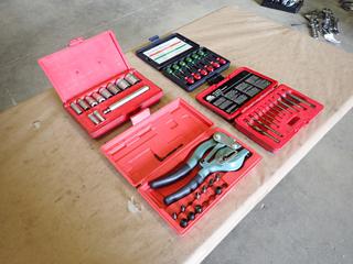 Mac Tools Gasket Cutter Set, Part GC950, Mac Tools 10-Piece LH Cobalt Drill/Extractor Set, Part SPEX10LDS, Blue-Point Terminal Tool Kit, Part TT12KT and *Incomplete* Harbor Freight Tools Hand Punch Set, Part 44060  (B-2)