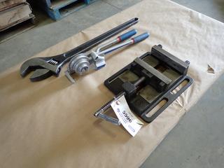 Assorted Shop Tools and Supplies, Including: 6 In. Bench Vise, 24 In. Crescent Wrench and Imperial Triple Head 180 Degree Tube Bender  (C-1)