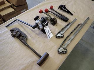 Assorted Hand Tools, Including: Steel Strap Sealers, Tensioners, Blue-Point TBS 200A Tubing Bender, Manual Ring Roller, Pipe Cutter, Crescent Chain Wrenches and More  (D-1)