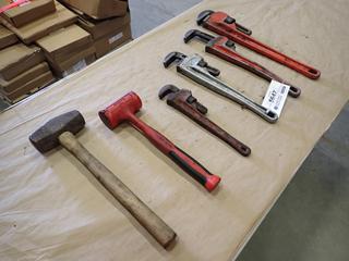 Assorted Hand Tools, Including: Ridgid 14 In., (2) 18 In. and 24 In. Pipe Wrenches, 27 In. Pipe Wrench, Snap-On Dead Blow Hammer and UNEX Sledge Hammer  (D-1)