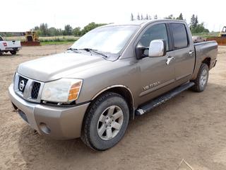 2006 Nissan Titan Crew Cab 4X4 Pickup c/w 5.6L DOHC 321, A/T, Leather, Sunroof, Spare Tire And 265/70R18 Tires. Showing 479,264km. VIN 1N6AA07B16N508396 *Note: Only Drivers Side Door Works, Rust On Body And Fenders*