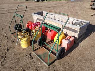 Assorted Parts, Hardware and Shop Supplies, Including: (2) Bottle Carts, Assorted Gas and Diesel Jerry Cans, Storage Box, Hi-Run 5.70-8 Tire on 5-Bolt Rim and More, *Note: Some Jerry Cans Missing Caps* 