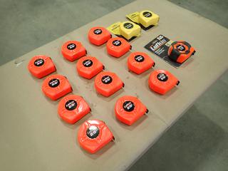 (12) Unused Lufkin 25 Ft. Tape Measures, Part L625, High Visibility, Lufkin 1 In. X 26 Ft. Tape Measure, Part PHV1048CME and (2) Unused Stanley 26 Ft. Tape Measures, Part 30-456  (E-1)