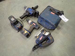 Ryobi Power Tools: JS451L, 120V, 4A Jigsaw, SN CE0836 22061,  P204 18V Cordless Drill, SN CS11415D136380 w/ 18V Battery and Charger c/w PowerFist 1/2 In. Spade Handle Drill, 120V, 7A, Part 8383838  (D-2)