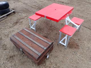 35 In. X 21 In. X 13 In. Antique Storage Chest c/w Kids Folding Picnic Table