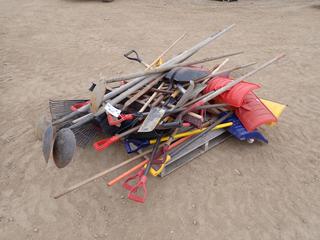 Qty of Snow Scrapers, Shovels, Rakes, Brooms, Snow Brushes and Assorted Hand Tools