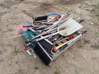 Qty of Assorted Brooms, Shovels, Rakes and Hand Tools *Note: Some Handles Broke*