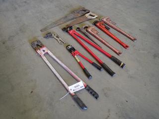 Assorted Hand Tools, Including: Bolt Cutters, (3) Ridgid 24 In. Pipe Wrenches, Crimper, Hand Saws and More  (M-4-3)