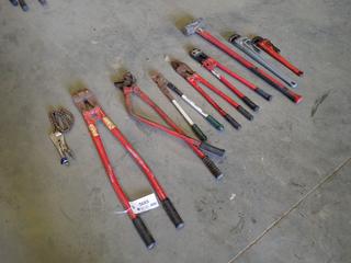 Assorted Hand Tools, Including: Bolt Cutters, 24 In. Aluminum and 18 In. Steel Pipe Wrenches, Crimper, Cable Cutters and More  (M-4-3)