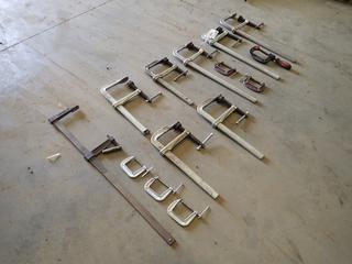 Assorted Bar and C-Clamps, Including: (2) 20 In. Stronghand UM205 Bars, 20 In. Bessey Bar, (4) 12 In. Bessey Bars, 30 In. Sheffield Bar, (3) 3 In. Cs, and (2) 2 1/2 In. Cs  (O-3-3)