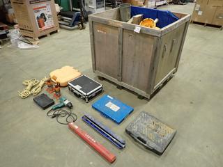 Crate of Assorted Parts, Hardware and Supplies, Including: Paslode 16 Gauge Cordless Straight Finish Nailer, Torque Wrenches, Bottle Jacks, Motors and More  (SC)