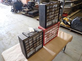 (3) Plastic Storage Compartment Cabinets, Contents Included, Nuts, Screws, Pins, Connectors and More  (T-2-3)