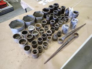Qty Of Assorted Size Sockets, 1 1/4 In. - 4 7/8 In. c/w (2) 1 1/4 In. Proto Wrenches.