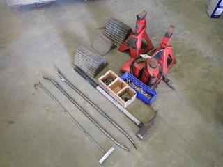 (2) 6-Ton Jack Stands, (1) Air Hydraulic Bottle Jack, Chucks, Valve Stems, Tire Patch, Tire Riggers And Assorted Supplies  (S-1-2)