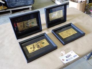 (2) Framed Stamped 24K Gold-Plated Canadian $100.00 Bank Notes and (2) Framed Gold-Plated United States of America $100.00 Bank Notes
