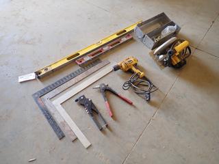 Assorted Hand Tools: DeWalt Model DW364 7 1/4 In., 120V Circular Saw, DeWalt Model DWD115 3/8 In., 120V Variable Speed Reversing Drill, Rivet Guns, Levels, Carpenter Squares and More  (N-3-2)
