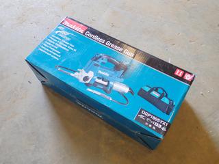 Unused Makita Model DGP180, 18V Cordless Grease Gun Kit, Includes: 18V Battery, Standard Charger, Flexible Hose and 21 In. Tool Bag  (C-2)