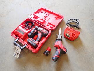 Milwaukee Tools, Parts and Hardware: Model 2601-20 1/2 In. 18V Driver Drill, (2) M18 Batteries, Charger, Case, Model 2420-20 12V Hackzall Reciprocating Saw, (2) M12 Batteries and Charger  (C-2)