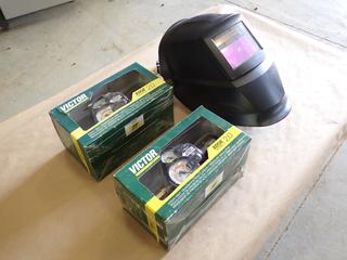 (2) Unused Victor Edge Series 2.0 Pressure Regulators, c/w Welding Helmet  (B-1)