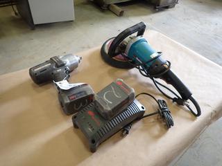 Ingersoll-Rand W7000 1/2 In. Drive Impactool, 20V, w/ (2) Batteries and Battery Charger, c/w Makita 9227C 180mm Grinder w/ Buffer Pad, 120V, 10A  (B-1)