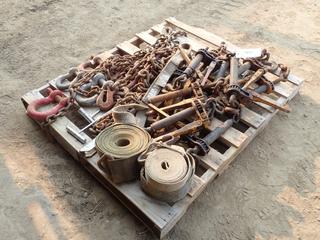 Qty of Assorted Ratchet Boomers, Hooks, Straps, Chains and Shackles, *Note: Some Boomers Missing Hooks*