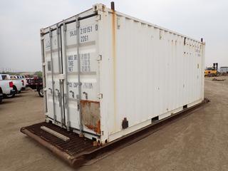 20 Ft. Skid Mtd. Storage Container c/w 98 In. X 25 Ft. Skid, 7 Ft. X 30 In. X 3 Ft. Work Table, Shelving, 120/240V 50Amp Fuse Box, Back Man Door and more