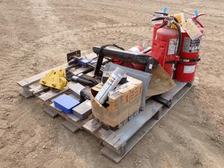 Qty of Assorted Parts, Hardware, Hand Tools and Supplies, Including: Qty of Fire Extinguishers, Comfort Zone Heater, Galvanizing Compound Paint, Westward 48 In. Jack, Beam Trolley, Bit Set, Drill Bits and More, *Note: Extinguishers May Require Recertification*