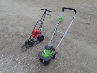 Greenworks Model 27072 120V Tiller c/w Chapin Seed Spreader. SN GWB0500016 *Note: This Item Is Located Offsite In Alberta Beach, For More Info Contact Richard @780-222-8309*