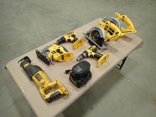 DeWalt Cordless Power Tools: (2) DC390 6 1/2 In. Circular Saw, DC759 9 1/2 In. Drill, DC725 1/2 In. Hammer Drill, DC330 Jigsaw, DC385 Reciprocating Saw, Carrying Bag c/w Battery and Battery Charger  (E-2)