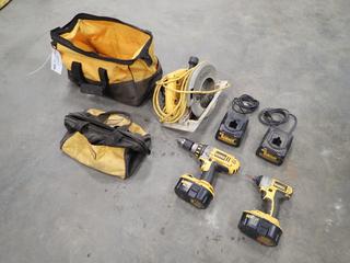 Dewalt DW384 8 1/4 In. 120V Circular Saw c/w Dewalt DC825 18V 1/4 In. Impact Driver, Dewalt DC925 18V 1/2 In. Drill, (2) 18V Batteries And (2) Chargers *Note: This Item Is Located Offsite In Alberta Beach, For More Info Contact Richard @780-222-8309*
