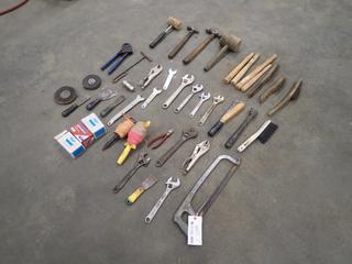 Qty Of Adjustable Wrenches, Staplers, Hammer, Scrapers, String Line, Staples And Assorted Hand Tools *Note: This Item Is Located Offsite In Alberta Beach, For More Info Contact Richard @780-222-8309*