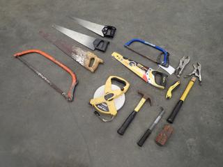 Qty Of Hand Saws, Stanley Measuring Tape, Knife, Hammer And Vise Grips *Note: This Item Is Located Offsite In Alberta Beach, For More Info Contact Richard @780-222-8309*