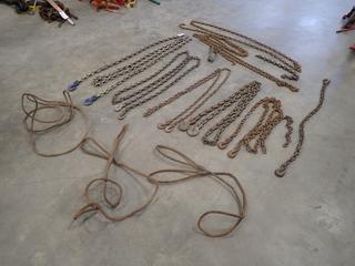 Qty Of Assorted Chains c/w Wire Rope Slings *Note: This Item Is Located Offsite In Alberta Beach, For More Info Contact Richard @780-222-8309*
