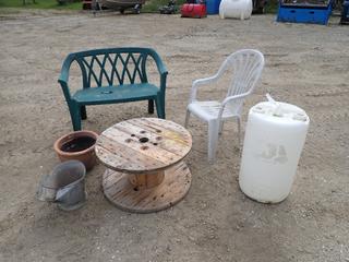 60L Water Tank c/w Coal Bucket, (2) Chairs, Planter Pot And Wood Spool *Note: This Item Is Located Offsite In Alberta Beach, For More Info Contact Richard @780-222-8309*