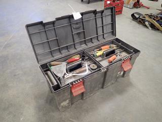 35 In. X 1 Ft. X 14 In. Rubbermaid Toolbox c/w Qty of Hand Saws, Caulking Gun, Pouches, Chisels And Scrapers *Note: This Item Is Located Offsite In Alberta Beach, For More Info Contact Richard @780-222-8309*
