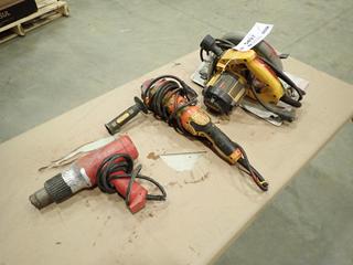 DeWalt DW364 120V 7 1/4 In. Circular Saw c/w DeWalt 28065 120V 5 In./6 In. Angle Grinder And Milwaukee Dual Temperature Heat Gun  (F-1)