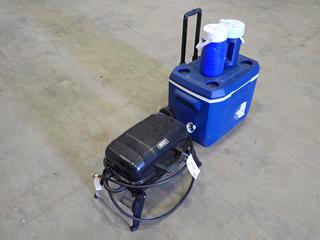 Backyard Model BGT1713W-C Grill c/w Coleman 21 In. X 16 In. X 18 In. Cooler And (2) Water Jugs       (F Back Wall)