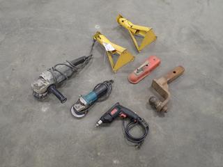 Skill 120V 3/8 In. Drill c/w Makita 9554NB 120V 4 1/2 In. Angle Grinder, 120V 7 In. Angle Grinder, Jack Stands And Ball Hitch *Note: This Item Is Located Offsite In Alberta Beach, For More Info Contact Richard @780-222-8309*