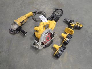 Dewalt DC390 18V 6 1/2 In. Circular Saw c/w Dewalt DW831 120V 5 In. Angle Grinder, Dewalt DCD950 18V 1/2 In. Drill, (2) Batteries And Charger *Note: This Item Is Located Offsite In Alberta Beach, For More Info Contact Richard @780-222-8309*
