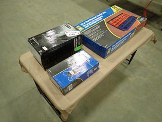 Unused Shop Tools and Supplies, Including: PowerFist 30-Piece Wall-Mounted Storage Bins, PowerFist 6/12V Battery Load Tester and (2) ProPoint 2 Ton Jack Stands  (O-3-1)