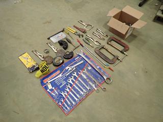 Assorted Hand Tools: Combination Wrenches, Sockets, 8 In. C-Clamps, Vise Grips, Pipe Vise Grips, Pipe Wrenches and More  (O-3-1)