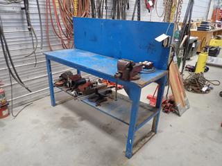 5 Ft. X 22 In. X 50 In. Shop Bench c/w Record Bench Vise And Assorted Supplies *Note: This Item Is Located Offsite In Alberta Beach, For More Info Contact Richard @780-222-8309*