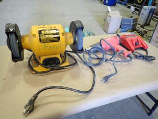Milwaukee Heat Gun, SN 731A914136784, Milwaukee MI8 Battery Charger, SN B29BD11032671G and DeWalt DW756 6 In. Bench Grinder, SN 2014-19-YL100459  (P-4-3)