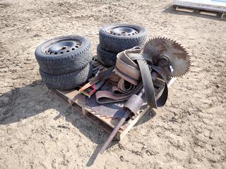 24 In. and 30 In. Saw Blades w/Belts, (6) Hand Saws and (4) Nokian Hakkapeliitta R2 195/50R16 Tires w/ 4-Bolt Rims   (Row 4)